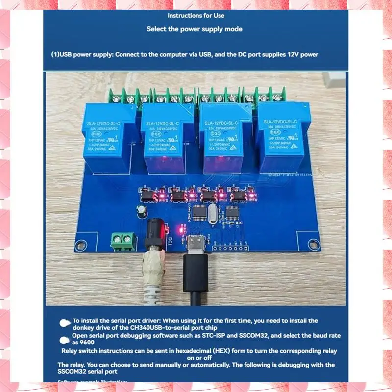 JAJA 12V 30A 4CH Módulo de relé USB Módulo de relé USB-C integrado CH340T Chip USB-Computador Porta serial Interruptor de controle inteligente