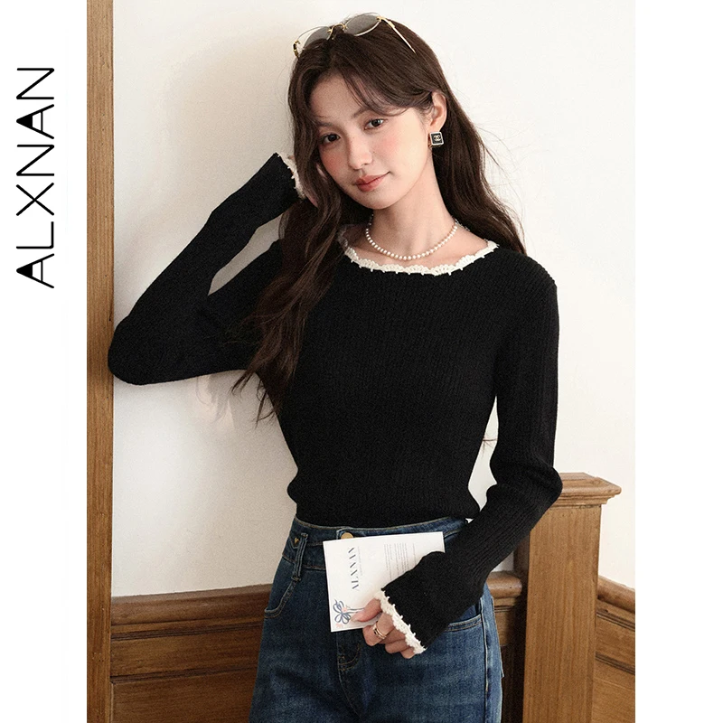 

ALXNAN Black Pullover Ruffle Trim Patchwork Round Neck Autumn Winter Layering 2025 Warm Versatile Women's Commuting Tops L58726