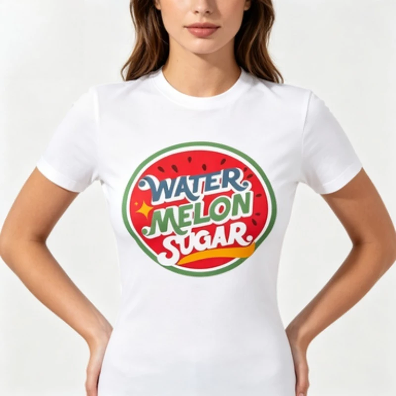 Slim Fit Round Neck Short Sleeve T‑Shirt Retro Watermelon Sugar Badge Graphic Summer Cute Casual Aesthetic Ladies Fashion Tee