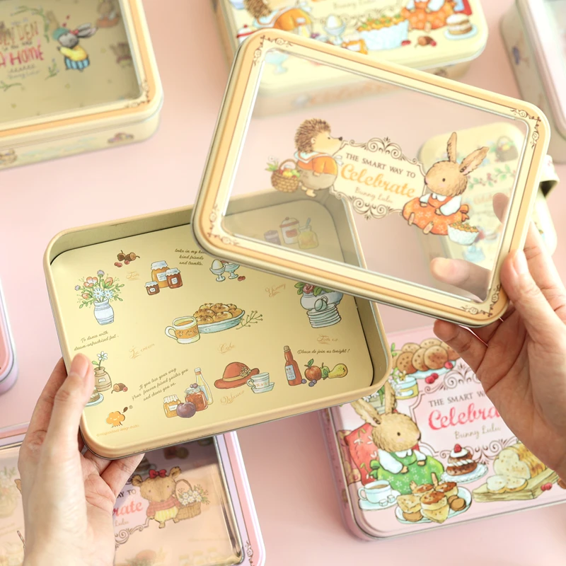 Cartoon Rabbit Rectangular Film Sunroof Tinplate Box Big Egg Roll Cookie Baking Packaging Box For Home Decoration Storage Box