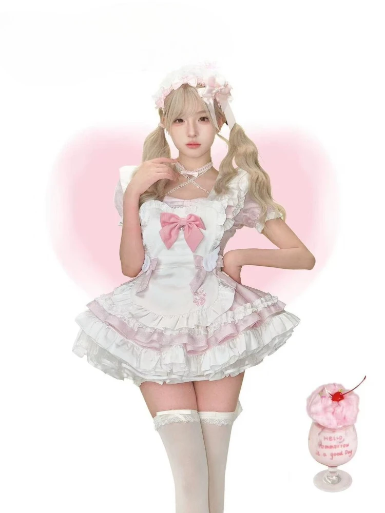 Summer Sweet Kawaii Lolita Maid Apron Embroidery 2 Piece Set Women Puff Sleeve Lace Bow Ruffle Slim Fit Party Daily Wear 2026