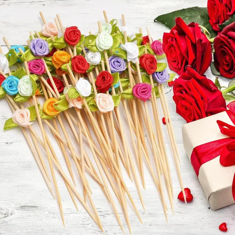 100 Stück Rosen-Bambusstäbchen mit Blättern, rot, blau, weiß, Obstgabeln, Cocktail-Rührstäbchen, Geburtstags-, Hochzeits- und Partydekoration – Detail 4