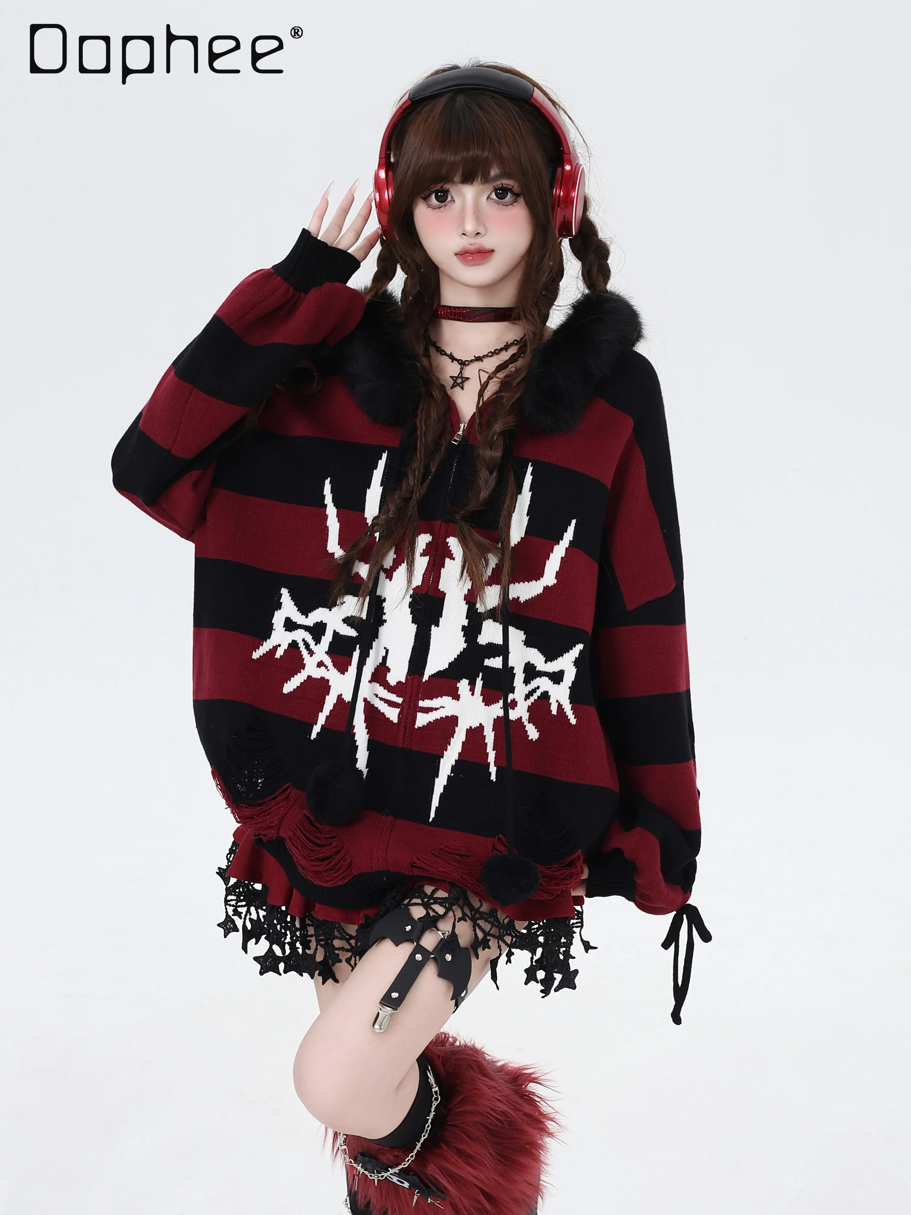 

Punk Stripe Hooded Cardigan Y2k Ripped Loose Lantern Sleeve Spider Print Fur Collar Bandage Sweater Women Street Fashion