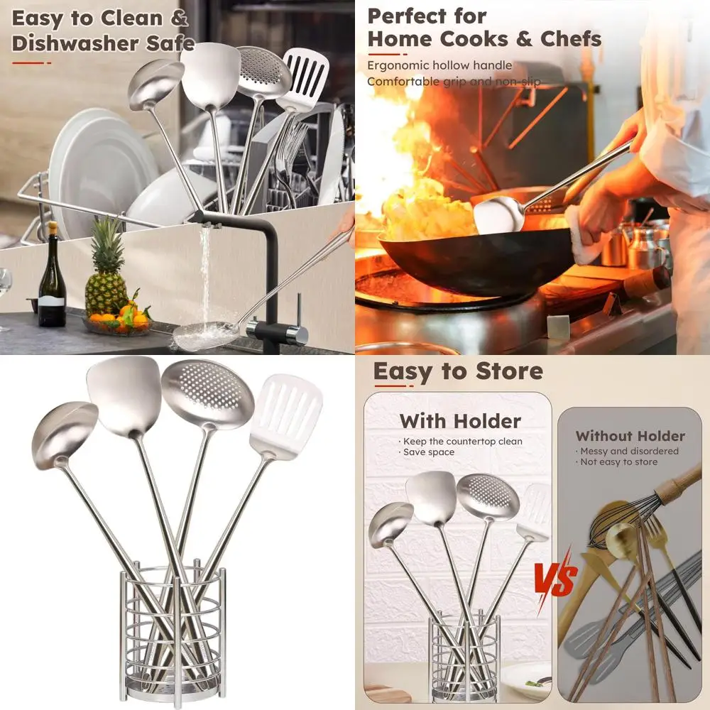 

Набор кухонной утвари из 5 предметов из нержавеющей стали с держателем, термостойкий, можно мыть в посудомоечной машине, без BPA