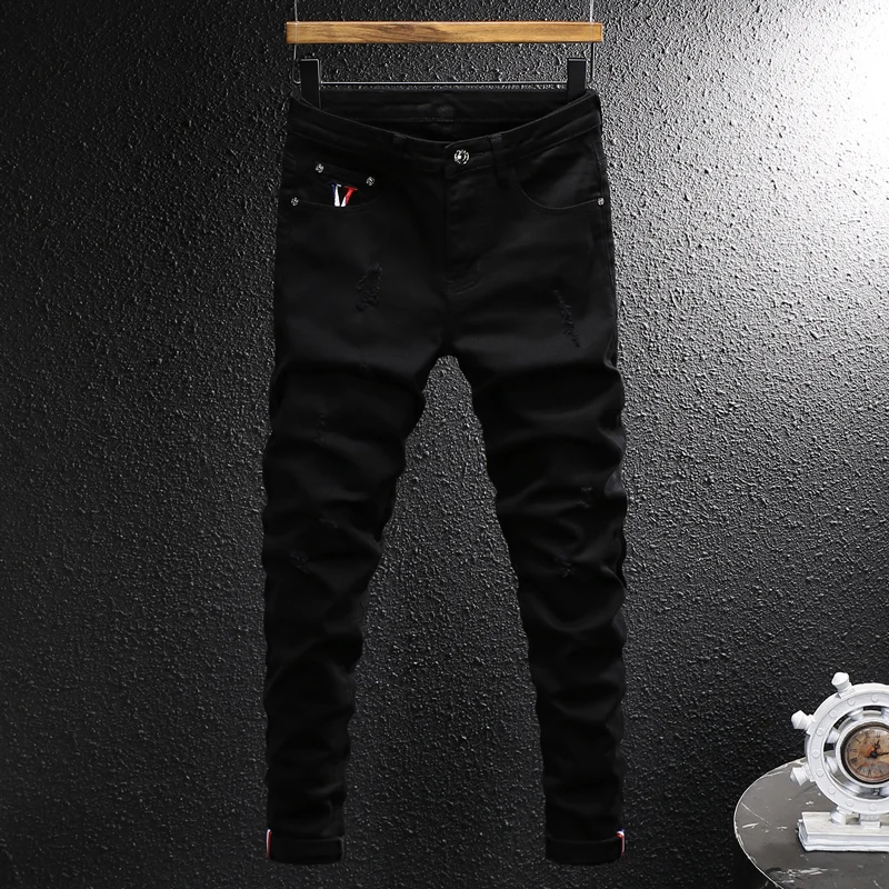 High Street Designer Fashion Men Jeans Black Stretch Slim Fit Hole Ripped Jeans Men Y2K Vintage Casual Denim Pants Hombre