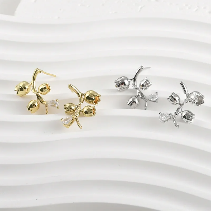 14k Real Gold Color Retention Temperament Lily of The Valley with Hanging Studs DIY Handmade Earrings Accessories Materials