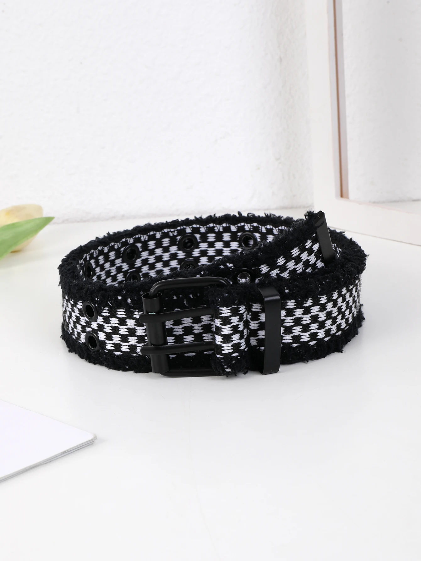 Thyryfy Black and White Striped Belt with Distressed Edges Double Buckle Belt Trendy Street Retro Style Paired with Belt