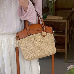 Retro Straw Casual Women's Bucket Bags Handbags Fashion Woven Beach Ladies Shoulder Bag Simple Travel Female Handbag Tote Purse