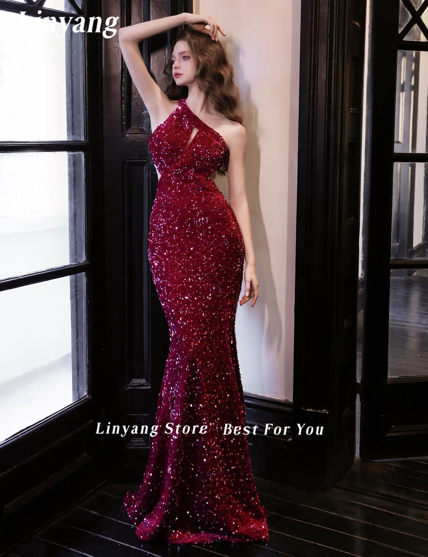 Linyang Red Halter Luxury Evening Dresses for Women Sequins Backless Midi Women Wedding Formal Party Gown