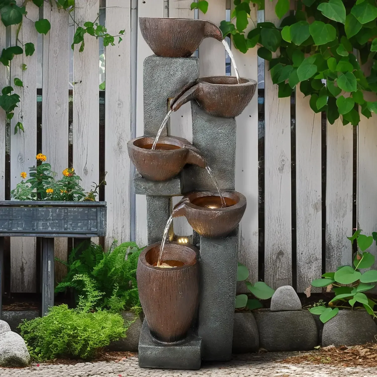 39” H Modern Outdoor Fountain - 5 Crocks Outdoor Garden Fountains with Contemporary Design&LED Light for Garden, Patio, Deck, Po