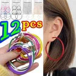 Retro Big Hoop Earrings Set Women Colorful Steam Punk Ear Clip Girls Versatile Metal Ear Studs Female Oversize Earlobe Jewelry