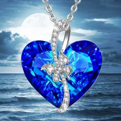 Fashion Heart Blue Crystal Butterfly Necklace Wedding Jewelry Zircon Bow Pendant Necklaces for Women Birthday Anniversary Gift
