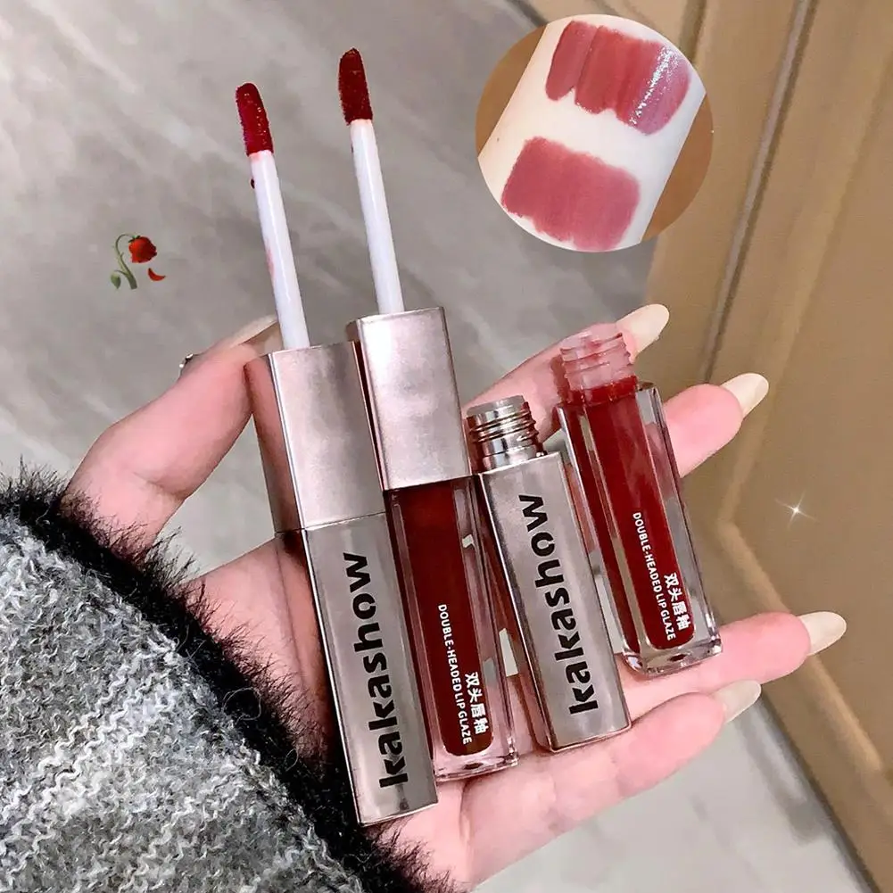 Dwustronny błyszczyk do ust, aksamitny matowy błyszczyk do ust, długotrwała wodoodporna płynna pomadka do ust, makijaż, dwustronny błyszczyk do ust.