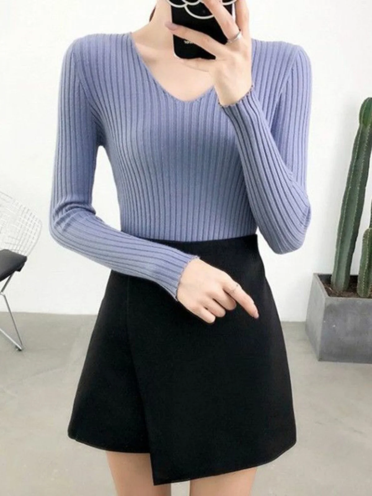 

Облегающий вязаный свитер V-Ne Long Sve, женский модный осенне-зимний новый топ с базовым слоем, корейский универсальный Sle