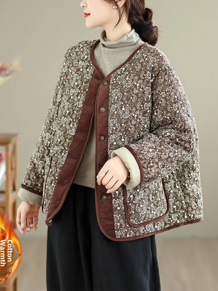 

Хлопково-льняная домашняя одежда в стиле ретро с цветочным принтом, женская зимняя хлопковая куртка большого размера на пуговицах, круглое длинное пальто све