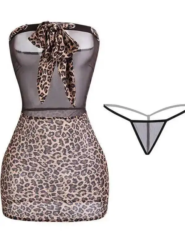 섹시한 여성용 원숄더 레오파드 프린트 소프트 거즈 스트랩리스 파자마 나이트가운 드레스 우아한 메쉬 레이스 시스루 스위트 탑 VA18