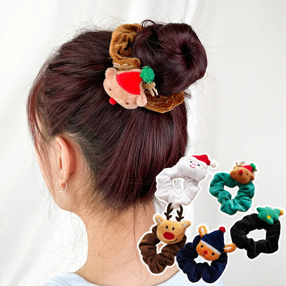 Girls Christmas Flannel Ponytail Holder Hair Ties Santa Claus Elk Velvet Hair Rope Creative Kids Scrunchies Hair Accessories