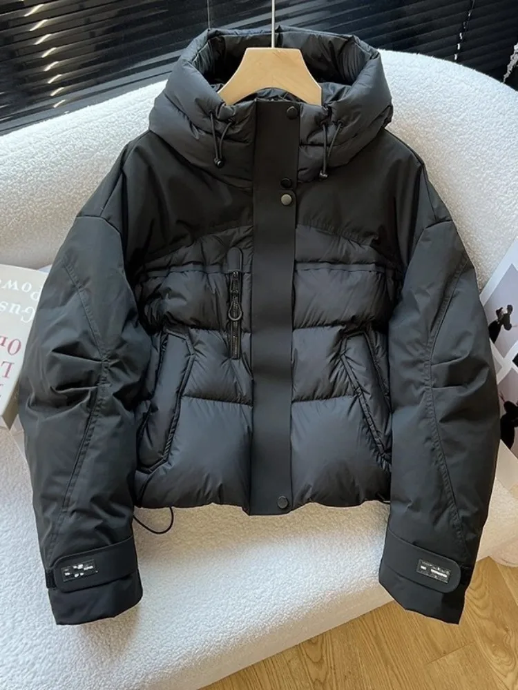 Autumn Winter Womens Puffer Jacket Short Hooded Down Coat Zippers Workwear Thick Warm Outerwear Loose Fit Fashion Solid Coats