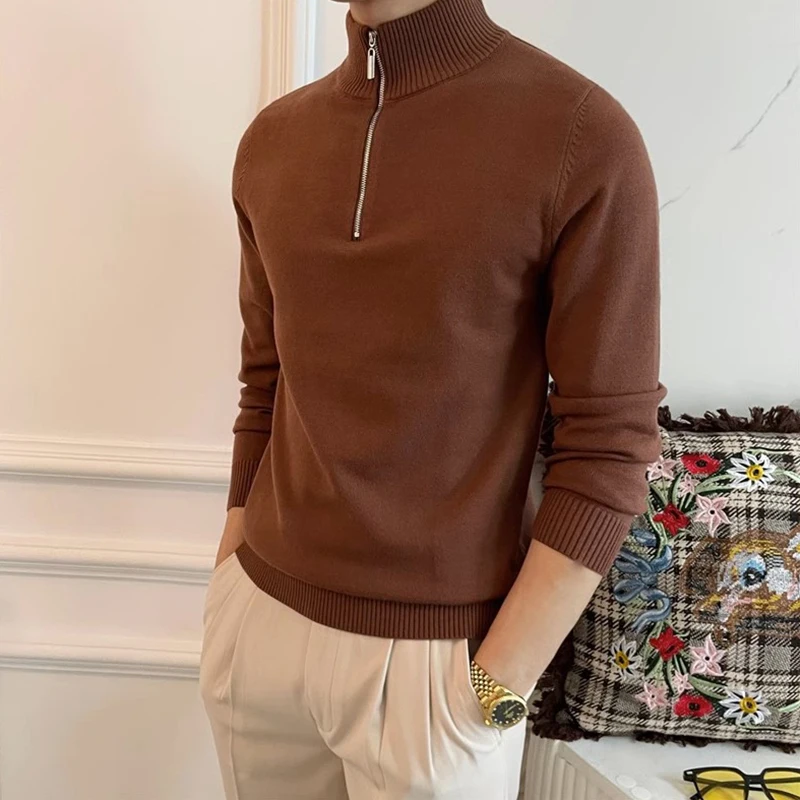 Fall Winter Casual Knit Sweater Mens Fashion Solid Color Stand Collar Zipper Knitted Jumper Top Men Vintage Long Sleeve Sweaters