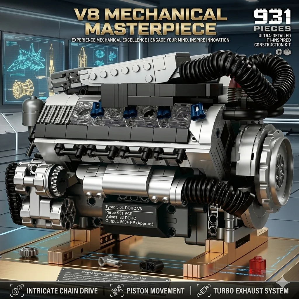 

931PCS MOC V8 Engine Building Blocks Racing Car Motor Model Bricks Tech Series Supercar Construction Set Collection Gift Adult