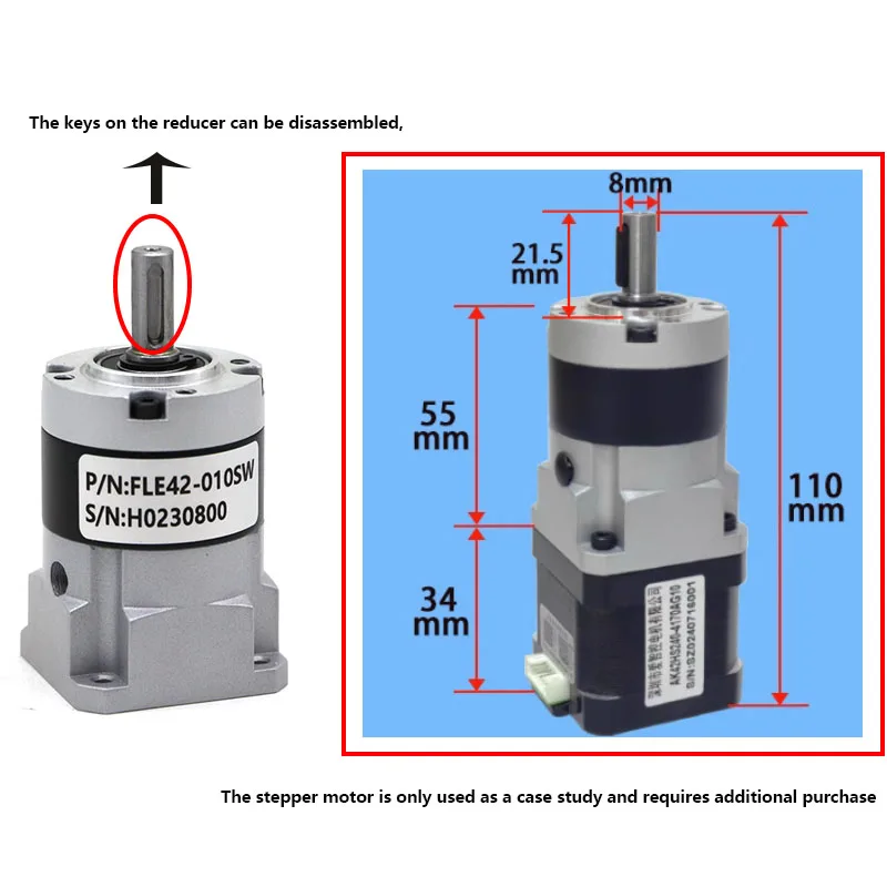 

FLE42-SW Planetary reducer is used for NEMA17 stepper motor input hole 5mm, output shaft 8mm with keyway 3mm gearbox