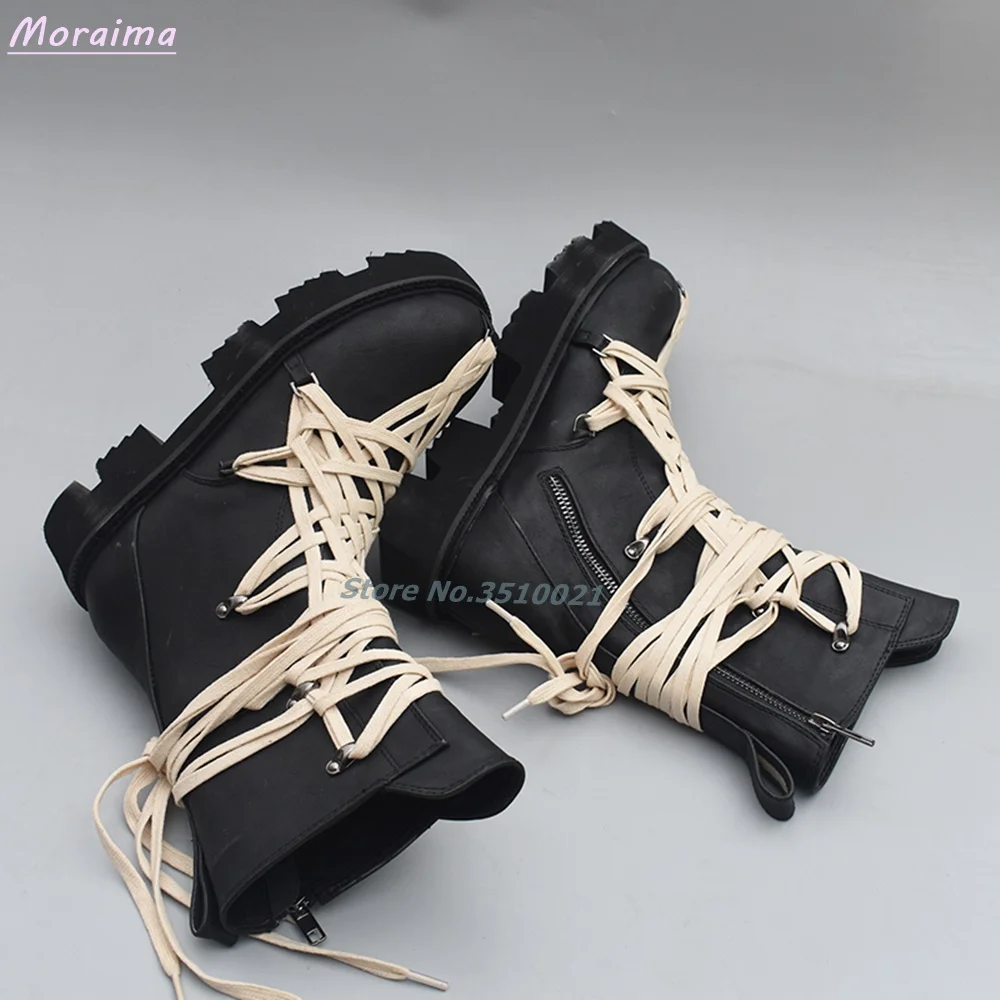 Lace-Up Round Toe Cool Boots Mid-Calf Leather Cross Strap Side Zipper Black Zipper British Style Casual Women Shoes Fashion New