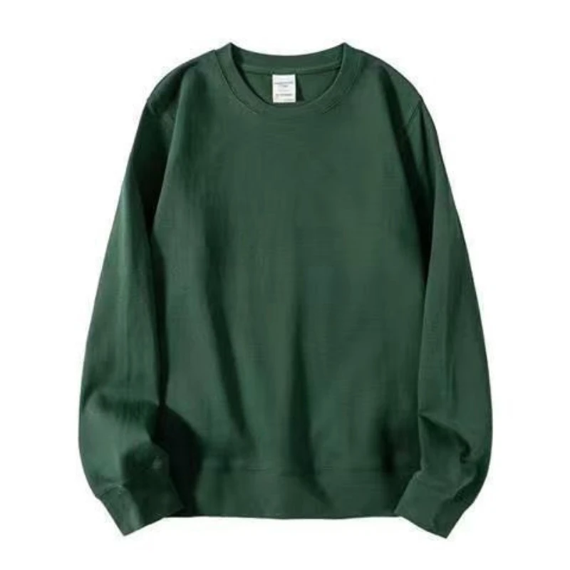 Spring Autumn 460g Heavy Cotton Dark Green T-shirt Round Neck Sweater Men Women Loose Casual Bottoming Tops