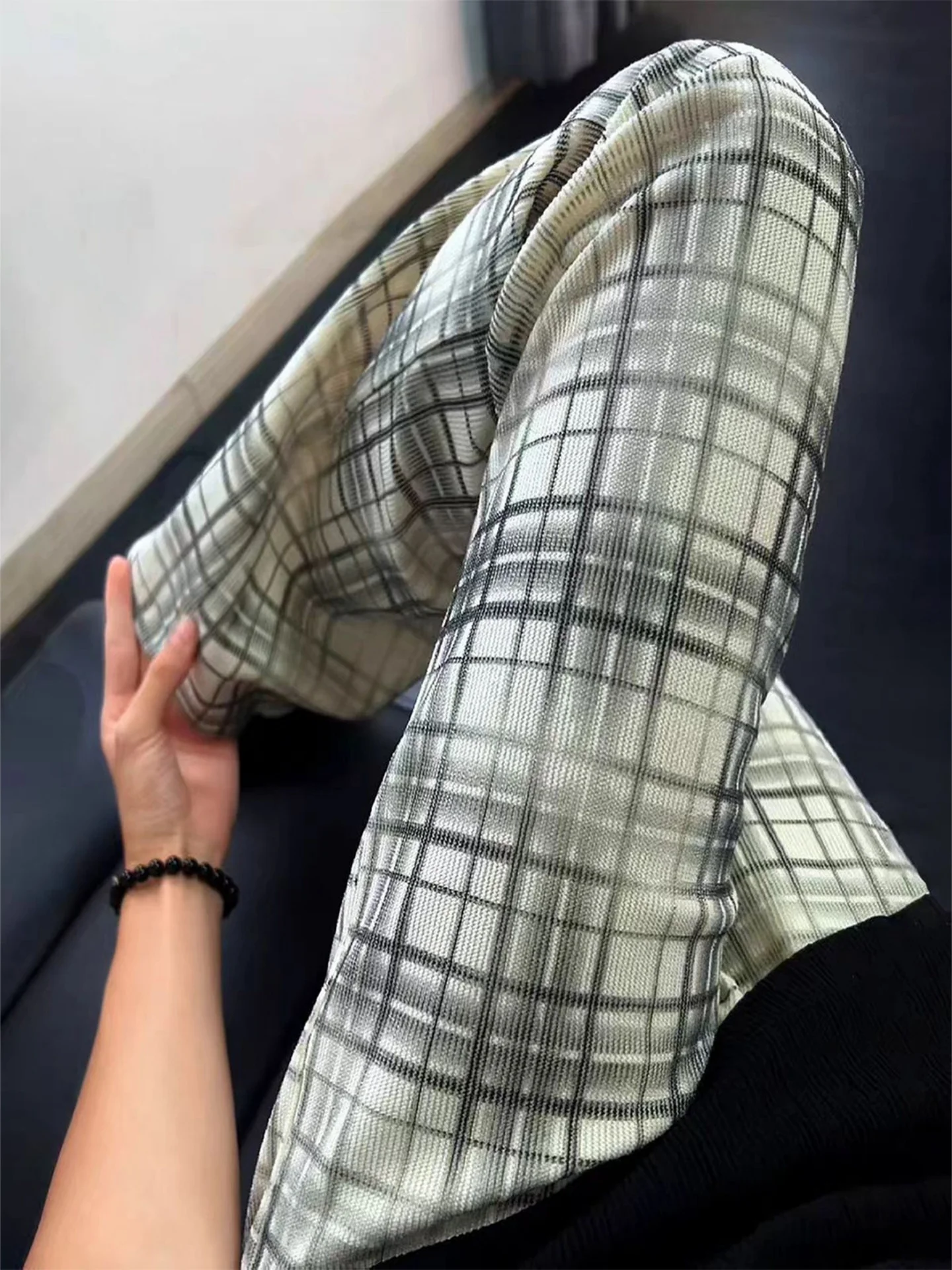 American Style Summer Thin Drapey Straight Leg Pants Men's Fitness Sport Micro Flared Plaid Tie Dye Casual Pants
