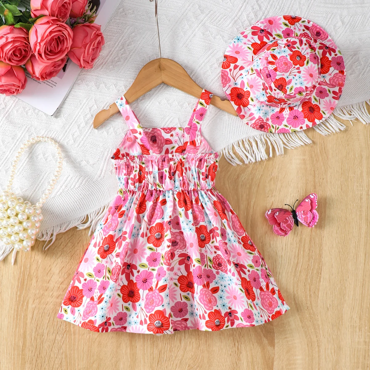 2pcs Baby Girl Summer Dress Small Floral Suspender Dress+Hat 0-3 Year old Baby Girl Coastal Vacation Casual Dress