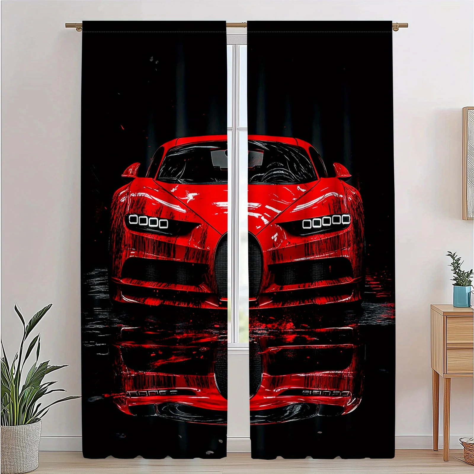 Red Sports Car Curtains Racing Art Window Drapes Speed Design Home Decor Automotive Theme Living Room