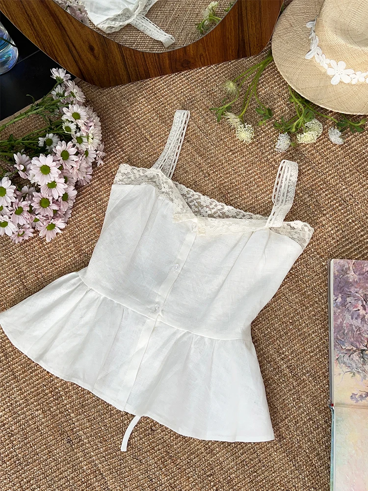 

Новый женский летний топ на тонких бретелях из льна с кружевными вставками в стиле ретро, универсальный, модный, повседневный, стандартного кроя