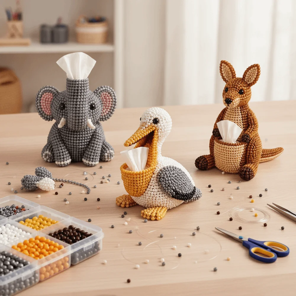 Pelican Elephant Kangaroo Shape Beaded Animal Tissue Box Kit Colorful Beads Handmade Beaded Animal Making Material Kit 3 D DIY