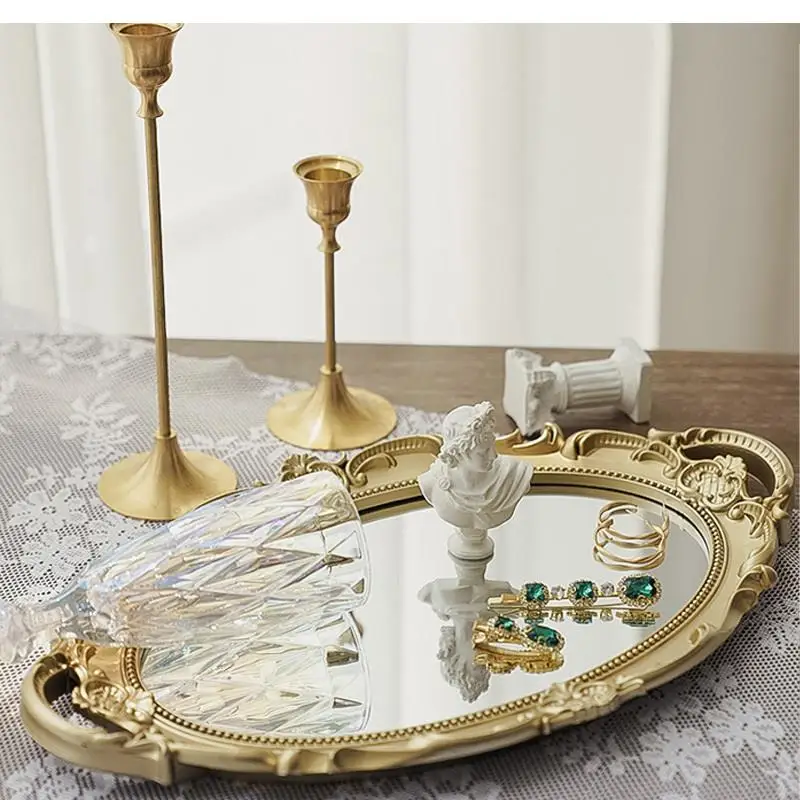 Retro Mirror Tray European Carved Ornaments Living Room Home Decoration Crafts Makeup Storage Display