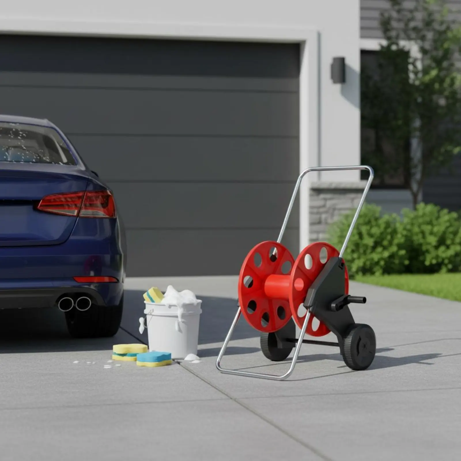 

Hose Winding Rack Space Saving Outdoor Storage Garden Supply 2 in 1 Design for Car Wash
