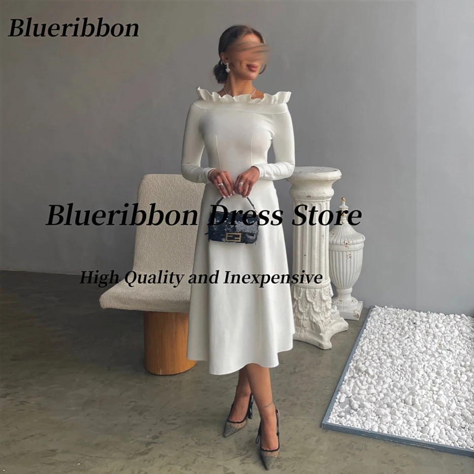 

Blueribbon Simple Short Prom Dresses Bateau Neck Long Sleeves Special Occasion Dress Zipper Back Evening Party Birthday Gowns