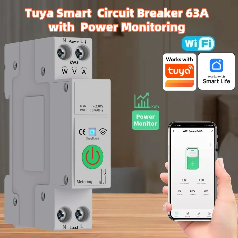 Tuya 63A WiFi Smart Circuit Breaker Remote Control App Control Timing Switch Short‑Circuit Protection Home Automation Breaker