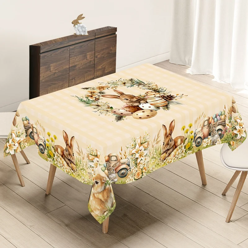 Vintage Easter Bunny Eggs Tablecloths Holiday Party Decor Spring Floral Rectangle/Round Table Cover Easter Decorations for Home