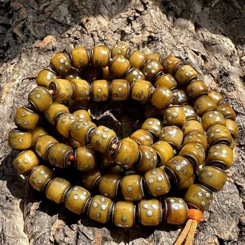 Tibetan-style 108 beads inlaid with silver studs, unisex yak bone bracelet
