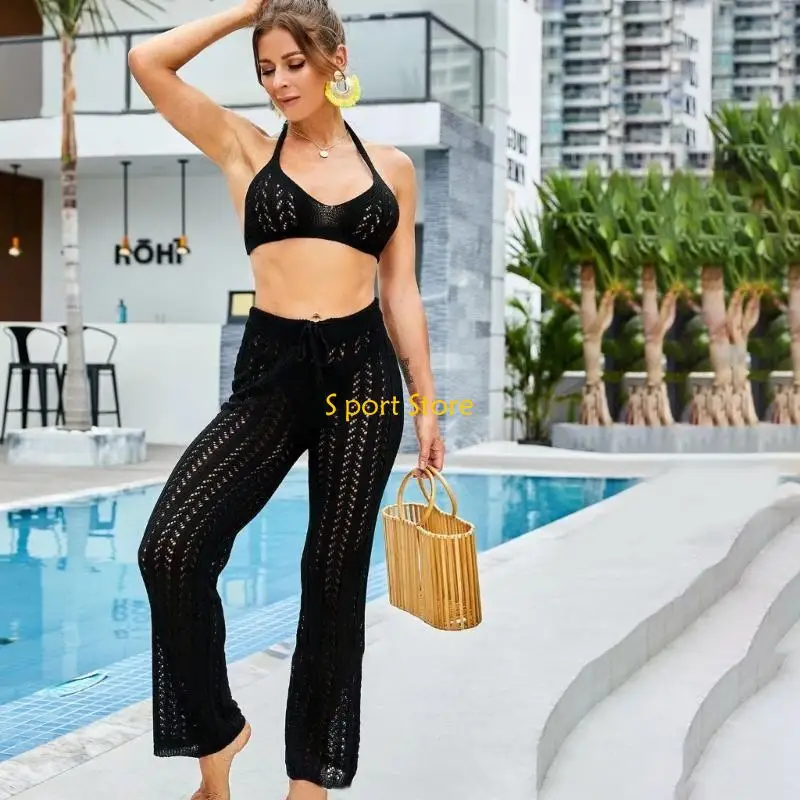 U2JB Womens Hollow out Long Pants Lace-Crochet Halter-Bra Top Sexy Two Pieces Outfits