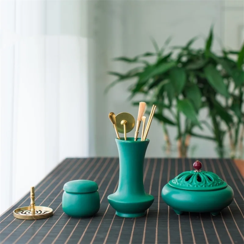 

9pcs Peacock Green Ceramic Seal Set Tools Incense Scoop Shovel Ash Pressure DIY Household Indoor Seal Scent Diffuser Supplies