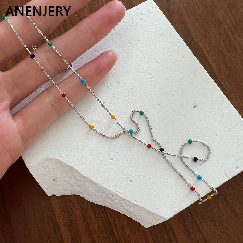 ANENJERY Rainbow Beads Thin Chain Necklace For Women Girl Clavicle Chain Choker New Fashion Jewelry Gift Party collares