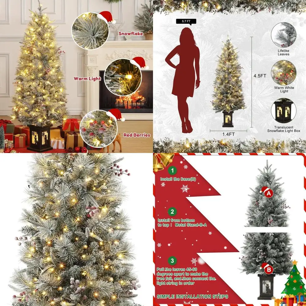 

Artificial 4.5ft Christmas Tree with 200 Warm Lights, 20 Red Berry Clusters, 8 Light Modes, Snowman Base, Holiday Decor