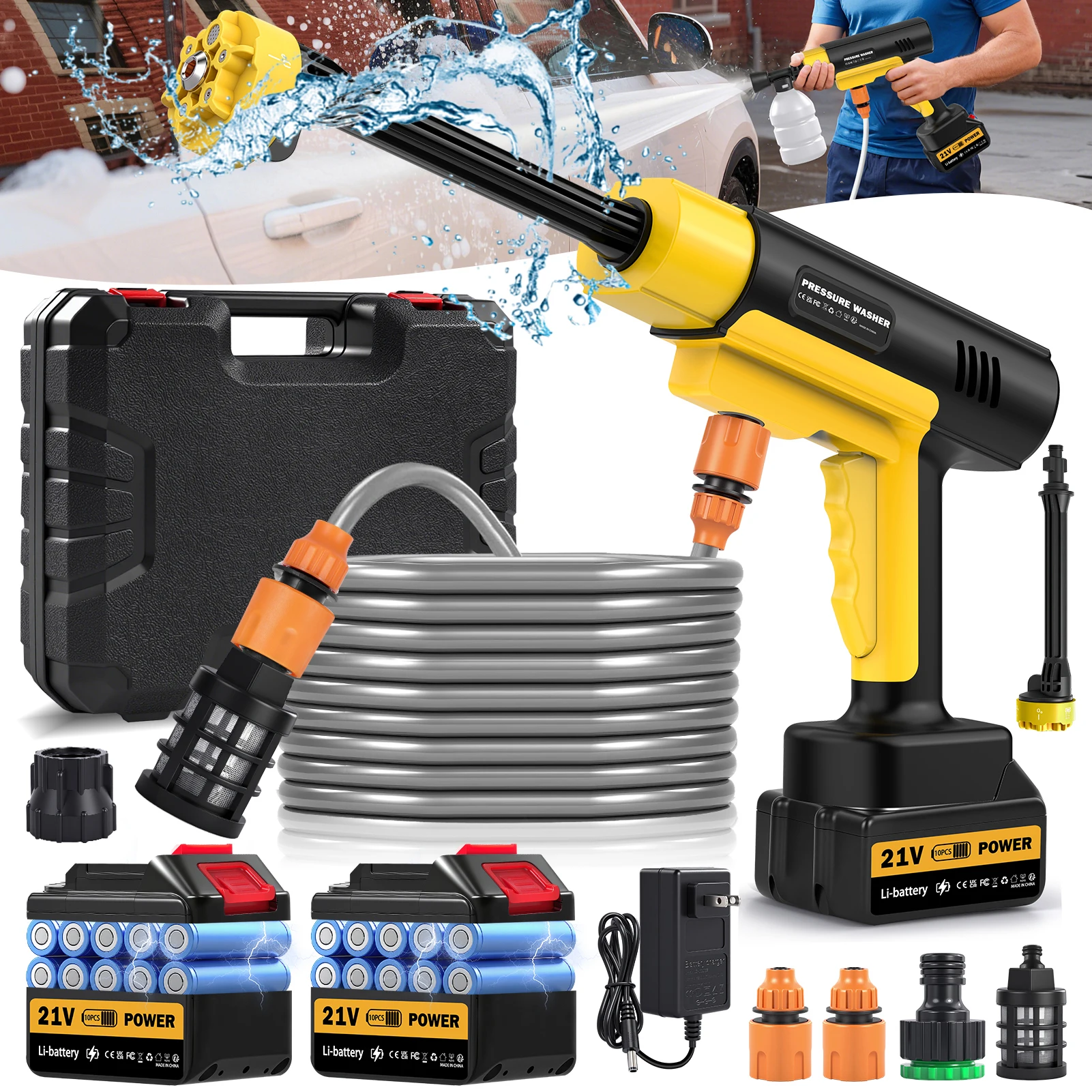 Cordless Pressure Washer Portable Car Cleaner Dual 21V Battery 6 in 1 Nozzle High Power Spray Gun for Home Outdoor Use
