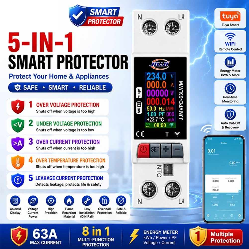 WiFi Tuya Smart Voltage Protector 63A DIN Rail Circuit Breaker Energy Meter Over Current Temperature Leakage Protection