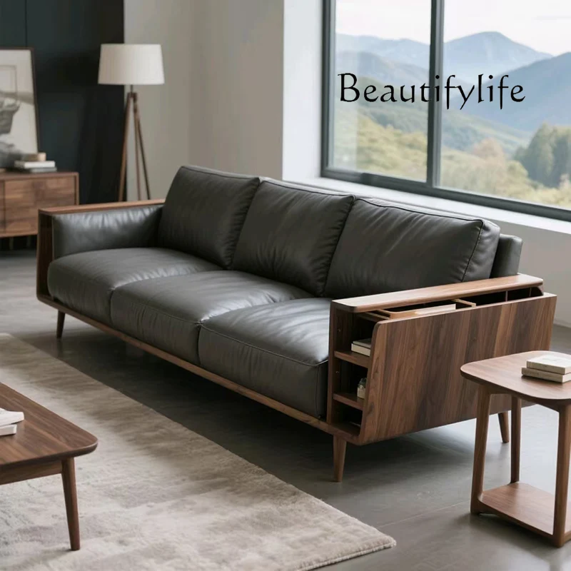 

New solid wood sofa living room modern simple light luxury leather sofa living room home three-person sofa