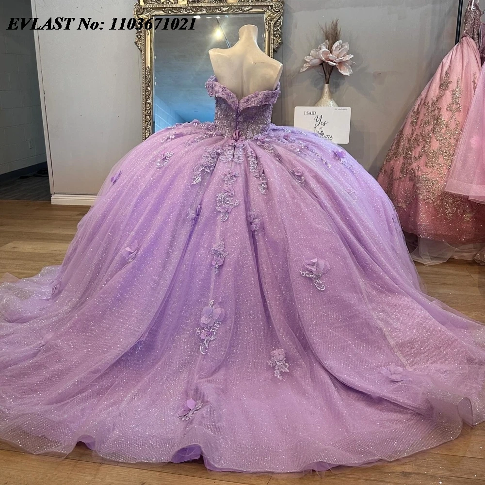 Evolt personalizado roxo quinnceanera vestido de baile 3d floral applique frisado espartilho doce 16 vestidos de 15 anos sq670