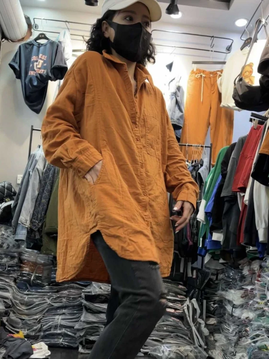 Haut en lin et coton pour femmes, Long Sve Midi, polyvalent, saison printemps, col ajusté confortable, matériau fin