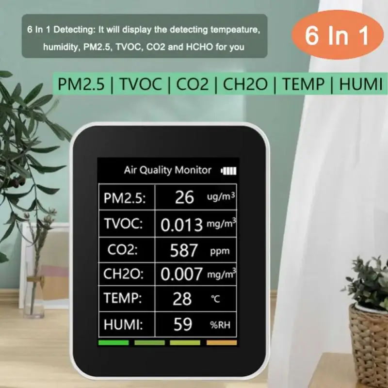 Tuya WiFi كاشف جودة الهواء 6 في 1 كاشف الهواء الذكي متعدد الوظائف PM2.5 TVOC CO2 CH2O كاشف درجة الحرارة والرطوبة