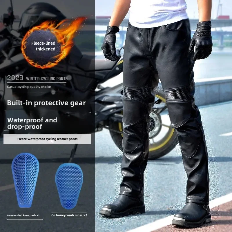 VOLERO Winter Motorcycle Riding Pants Men's Fleece Warm Windproof Waterproof Motorcycle Vintage Casual Drop-proof Leather Pants