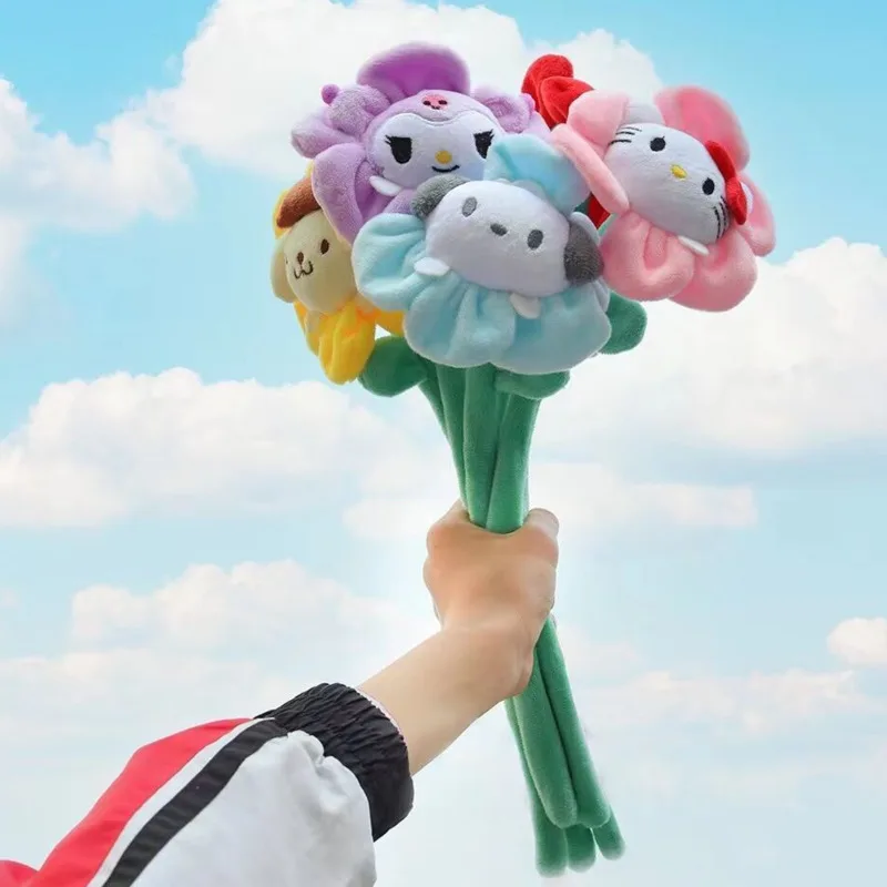 35cm Hello Kitty Melody Plush Smiling Face Sunflower Imitation Bouquet Decorative Ornament Curtain Buckle Mother's Day Gift